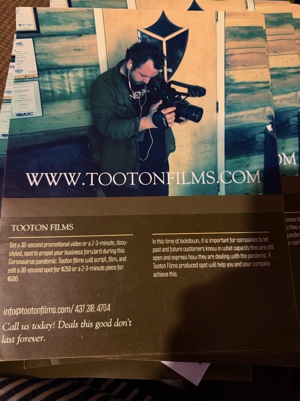 Printed Tooton Films flyer from the 2020 lockdown: Anthony filming with a camera under the shield logo, above an offer of a 30-second spot for $250 or a 2 to 3 minute piece for $500
